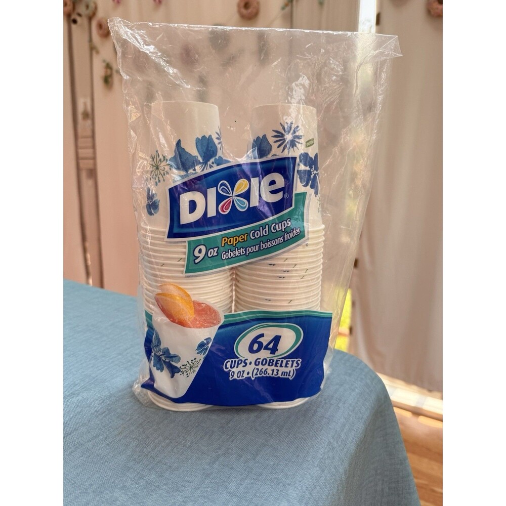 Sealed 64 Dixie 9 oz Cold Cups Blue Flowers Floral  Paper